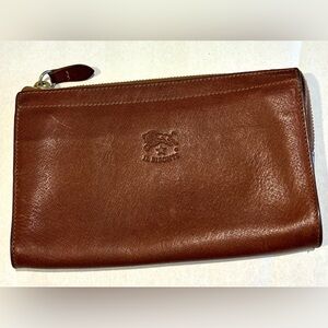 IL Bisonte Wallet Top Zip Multi Compartment Warm Brown All Leather Made In Italy